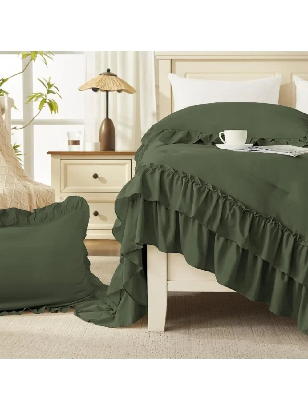 Olive Green Ruffle King Comforter Set - 3 Piece Solid Bedding for Cozy Home